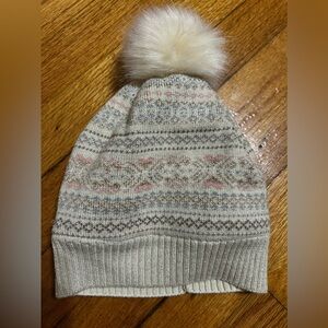 Gap Kids Girl tan pink knit fleece lined Pom Pom beanie size L/XL